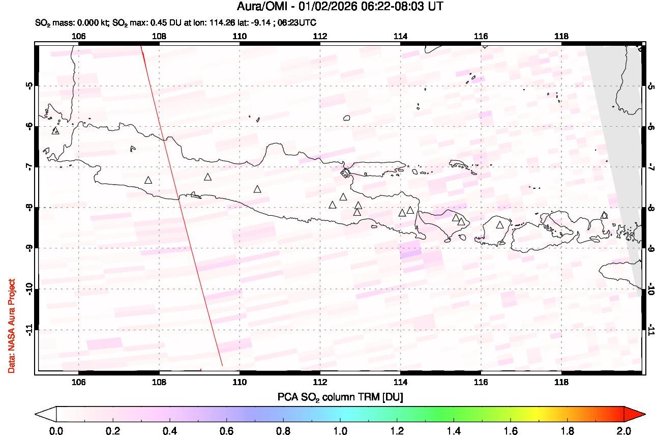 A sulfur dioxide image over Java, Indonesia on Jan 02, 2026.