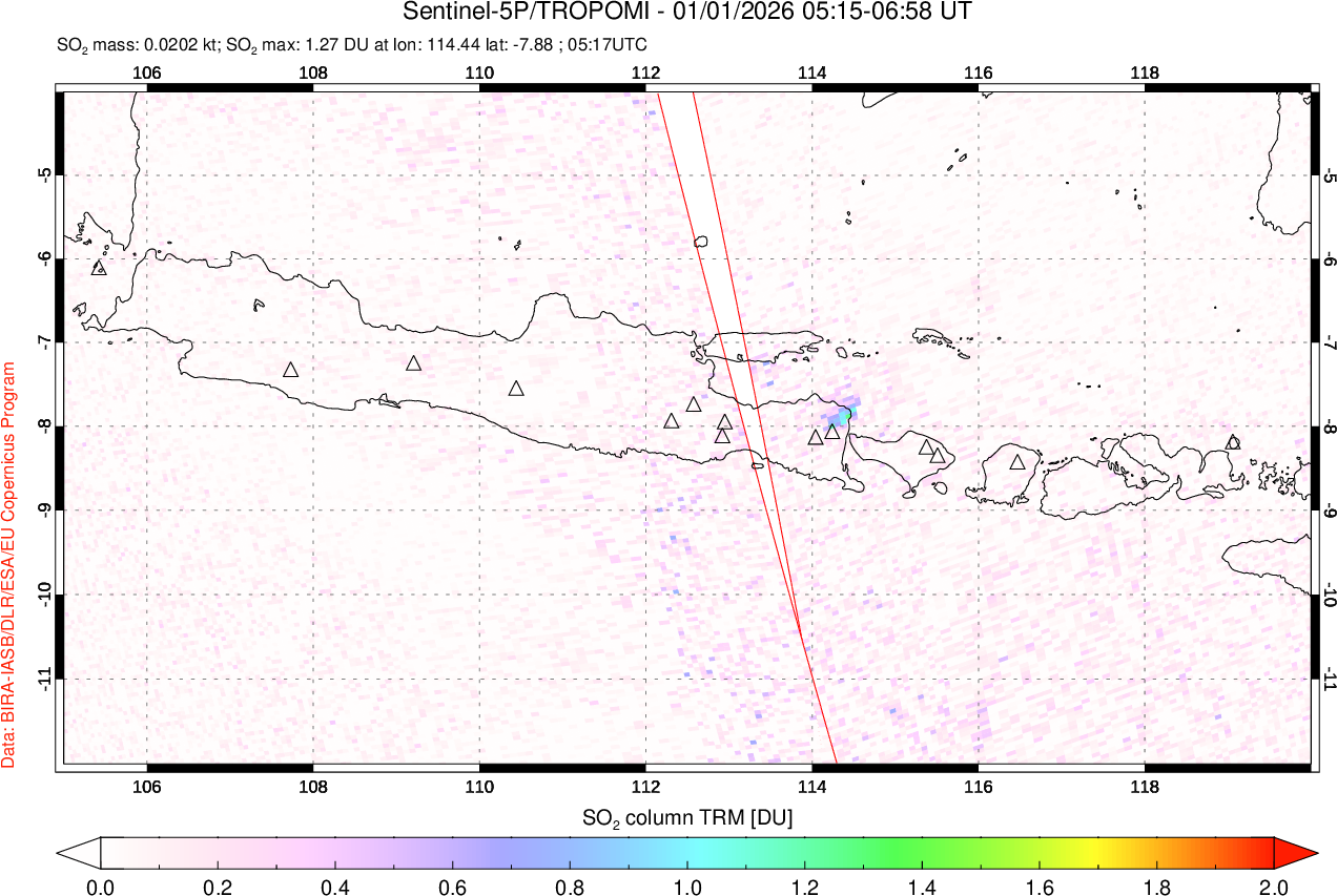 A sulfur dioxide image over Java, Indonesia on Jan 01, 2026.