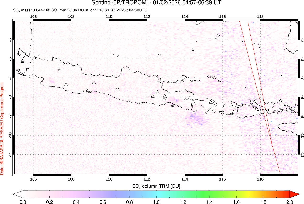 A sulfur dioxide image over Java, Indonesia on Jan 02, 2026.