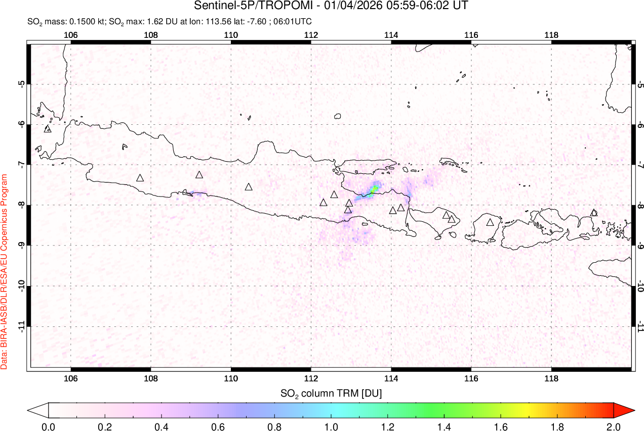 A sulfur dioxide image over Java, Indonesia on Jan 04, 2026.