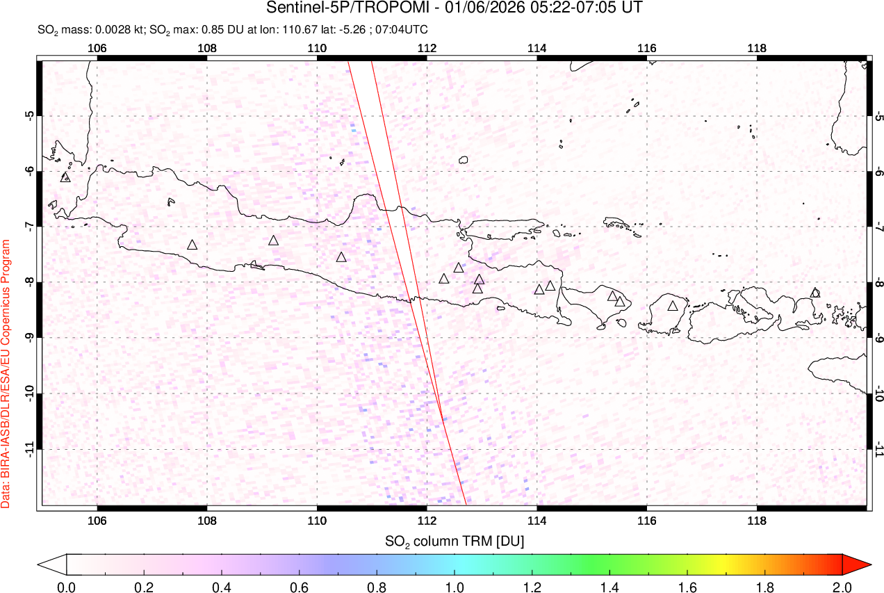 A sulfur dioxide image over Java, Indonesia on Jan 06, 2026.