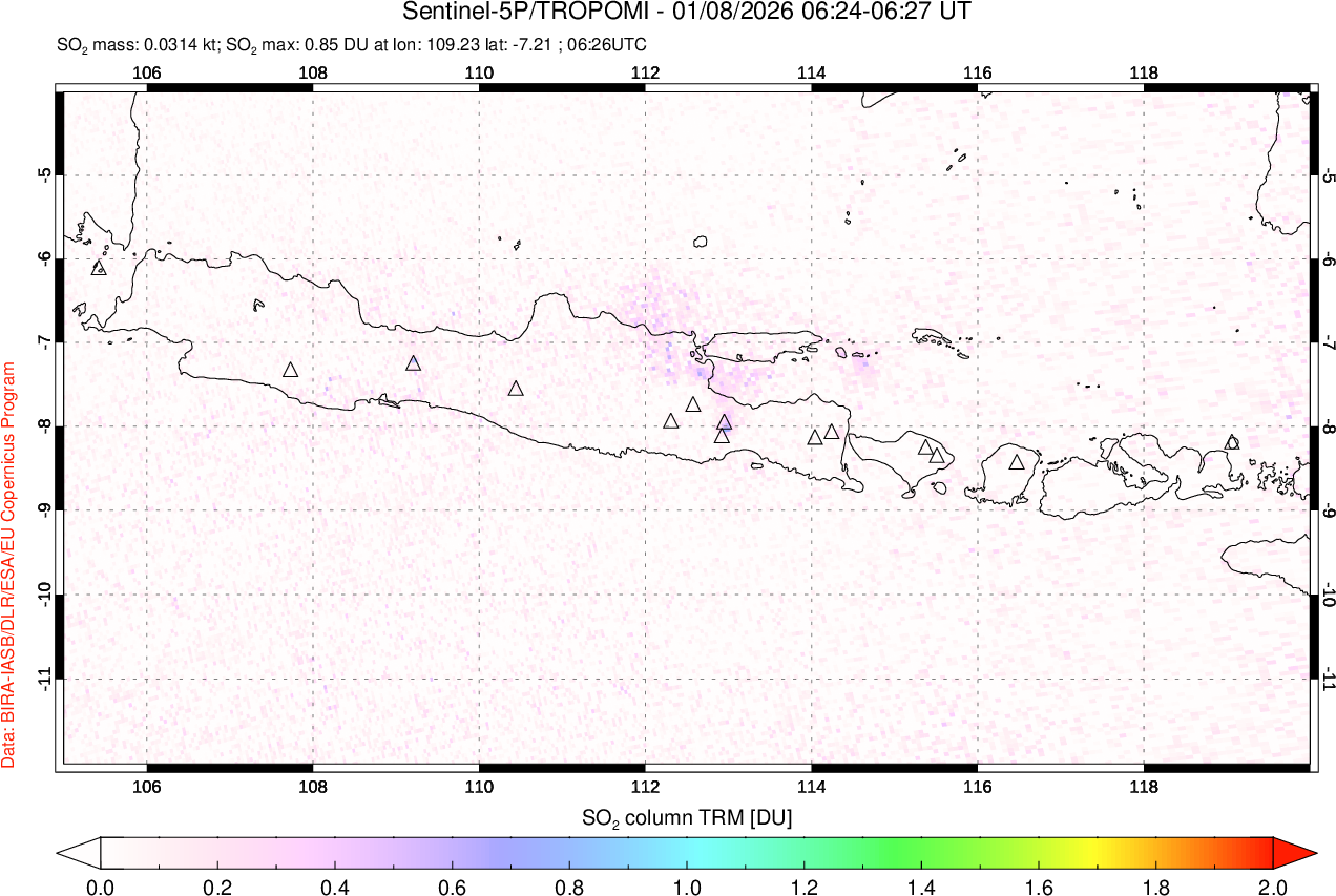 A sulfur dioxide image over Java, Indonesia on Jan 08, 2026.