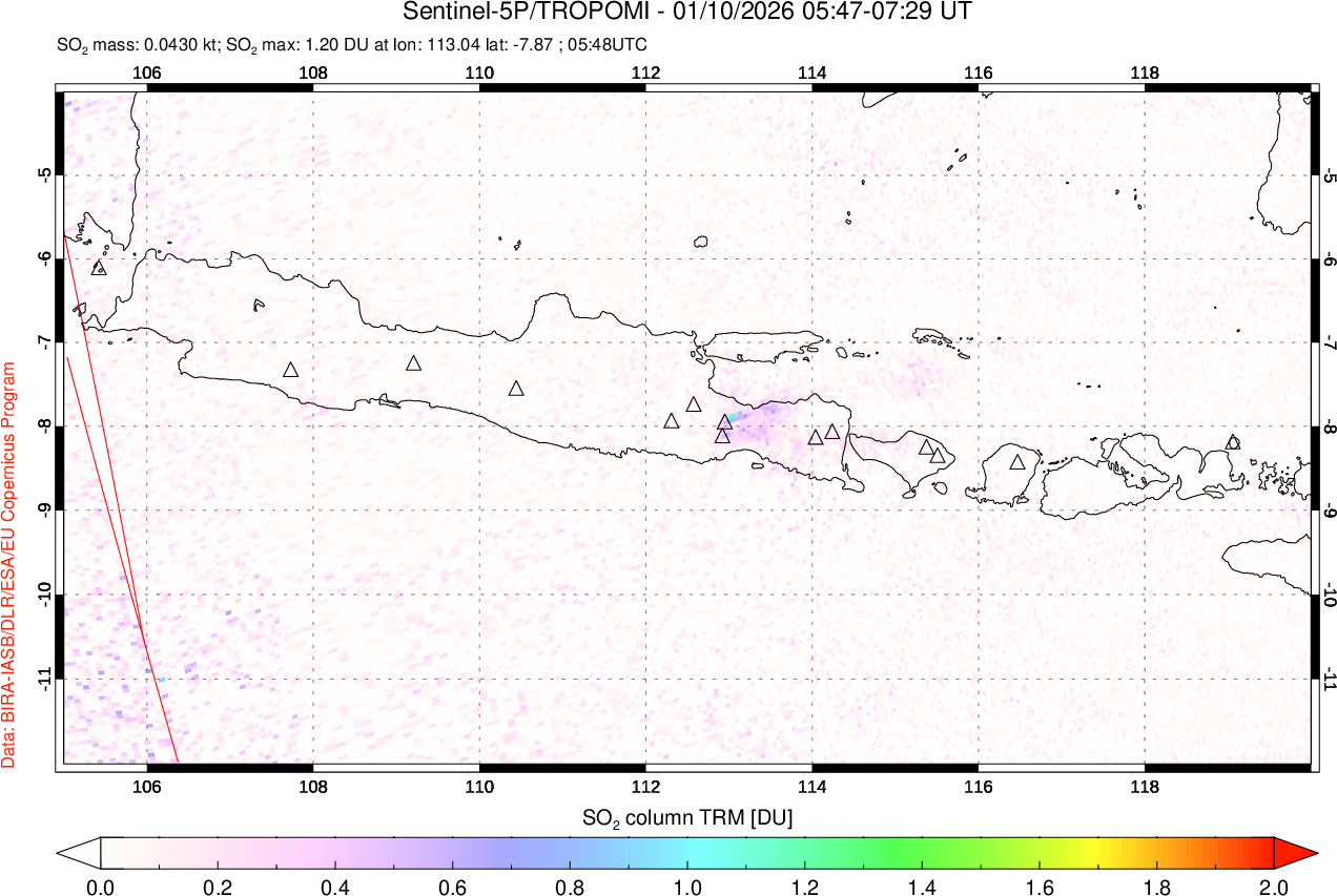 A sulfur dioxide image over Java, Indonesia on Jan 10, 2026.