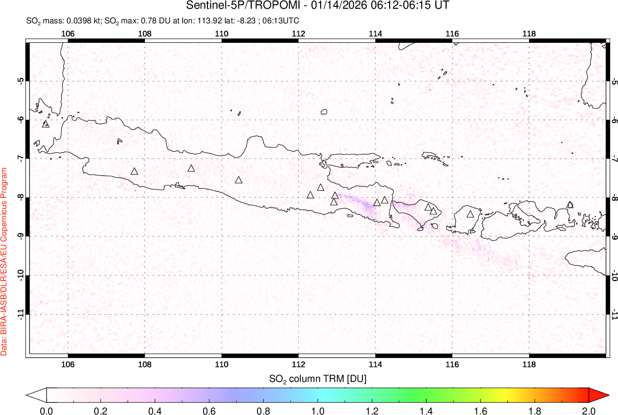 A sulfur dioxide image over Java, Indonesia on Jan 14, 2026.