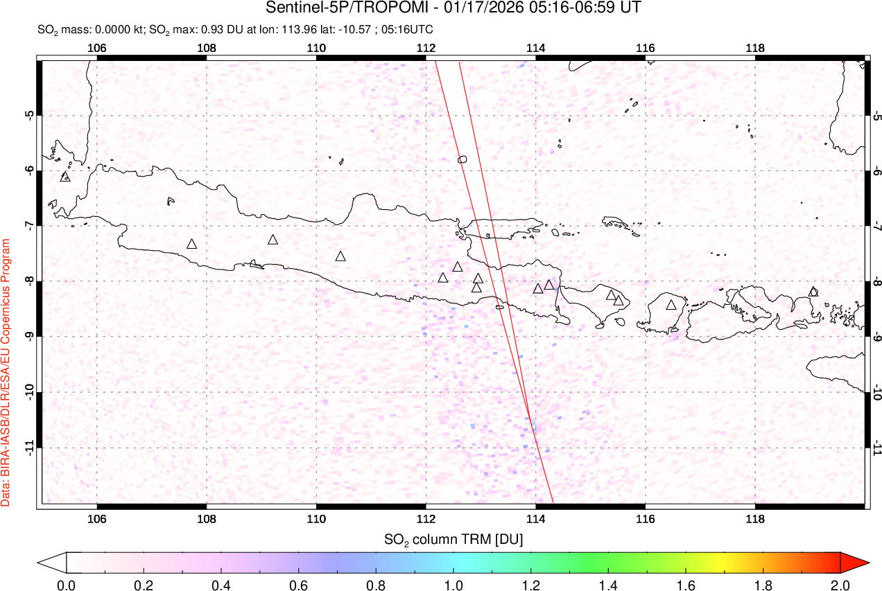 A sulfur dioxide image over Java, Indonesia on Jan 17, 2026.