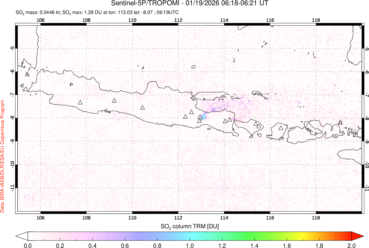 A sulfur dioxide image over Java, Indonesia on Jan 19, 2026.