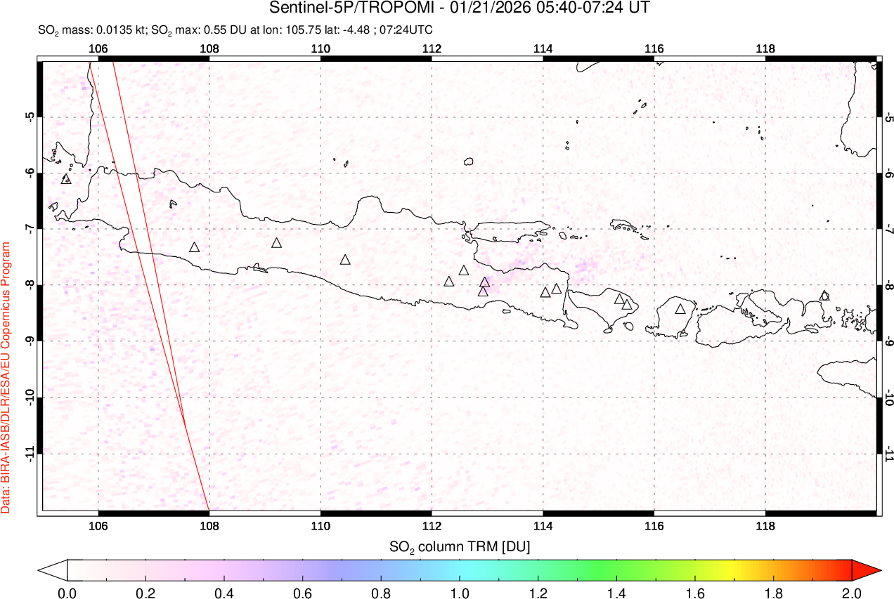 A sulfur dioxide image over Java, Indonesia on Jan 21, 2026.