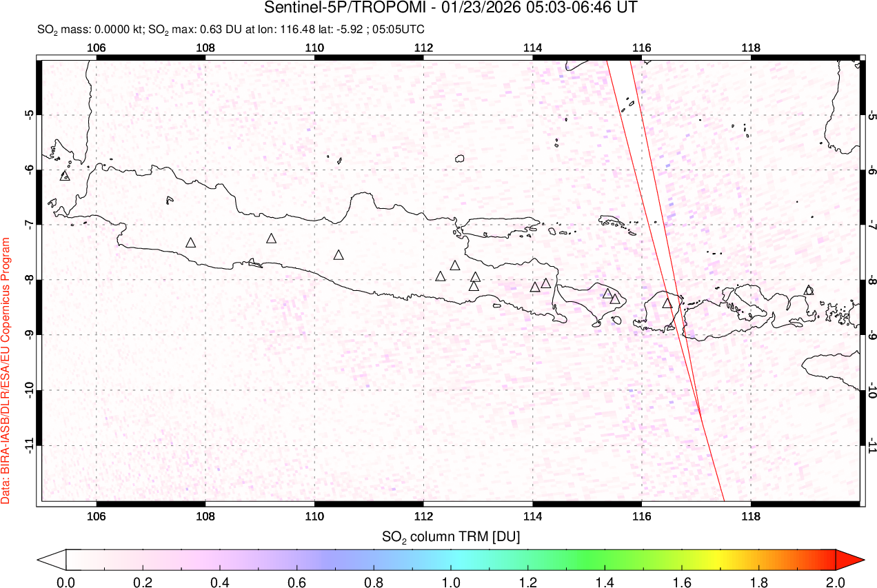 A sulfur dioxide image over Java, Indonesia on Jan 23, 2026.