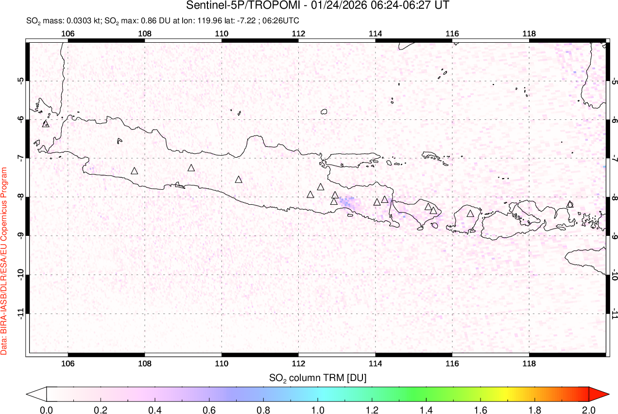 A sulfur dioxide image over Java, Indonesia on Jan 24, 2026.