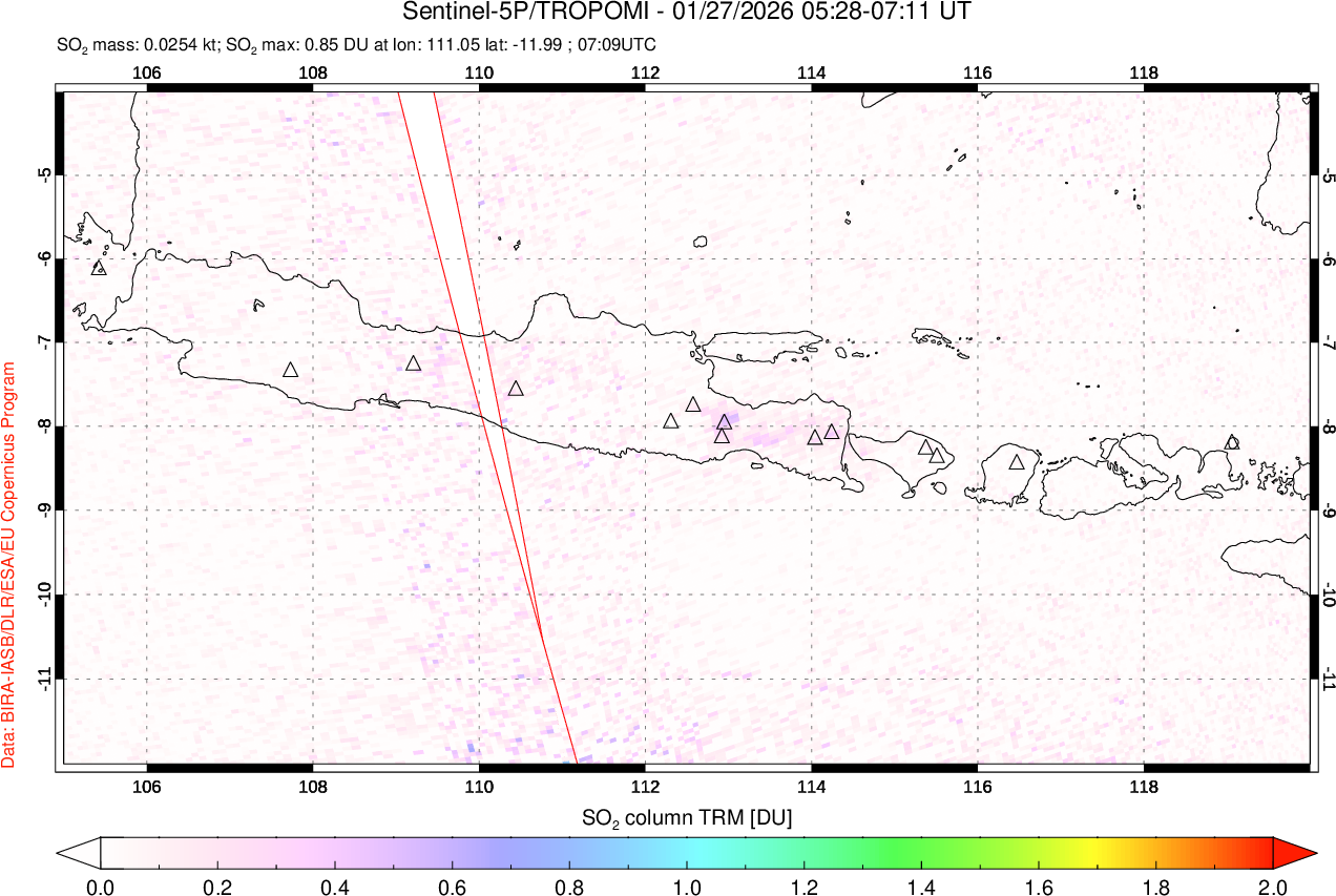 A sulfur dioxide image over Java, Indonesia on Jan 27, 2026.