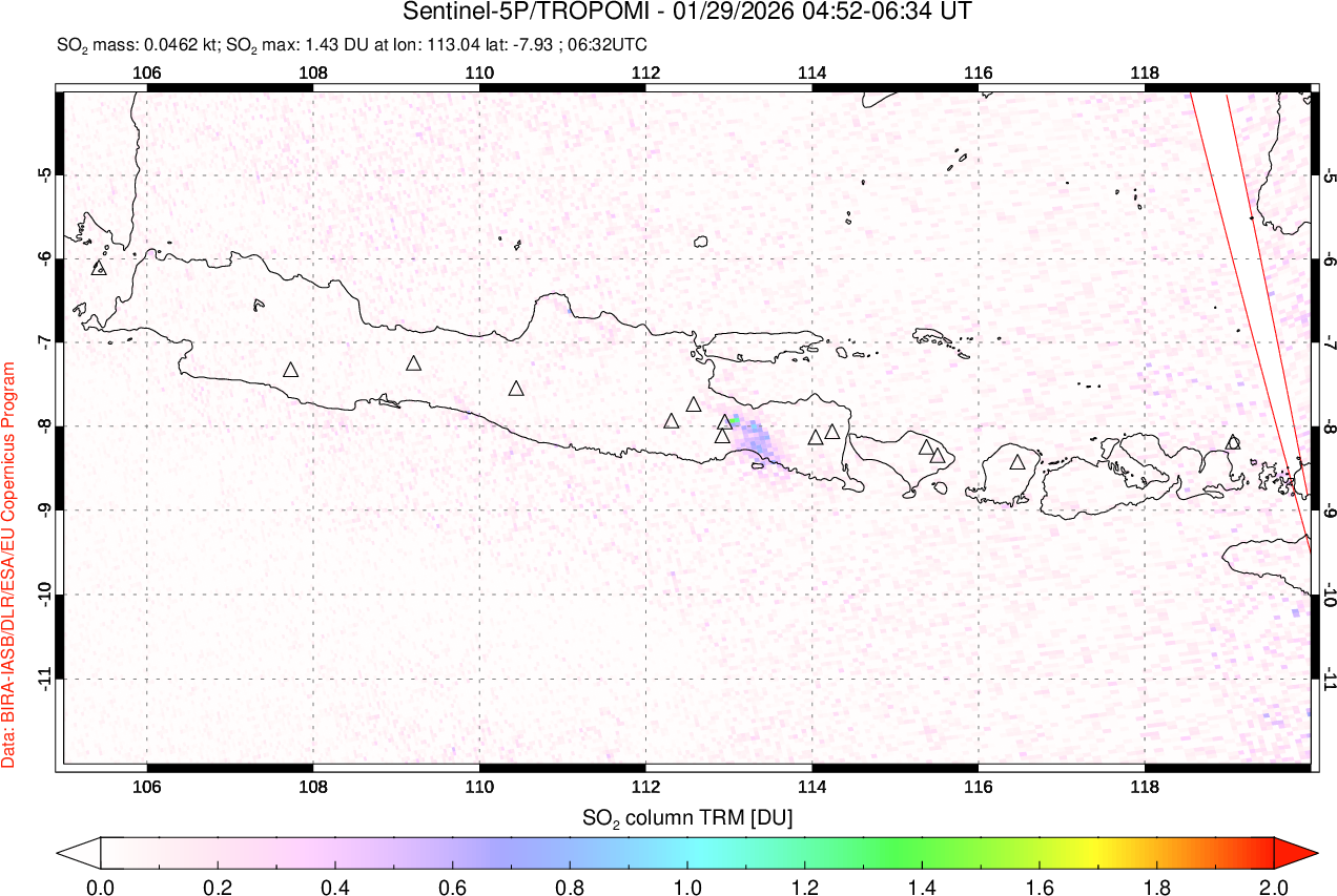 A sulfur dioxide image over Java, Indonesia on Jan 29, 2026.