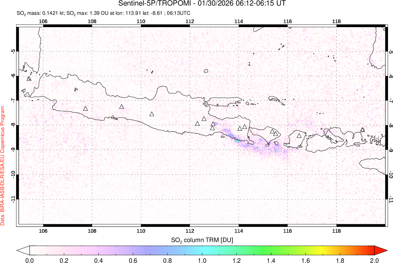 A sulfur dioxide image over Java, Indonesia on Jan 30, 2026.