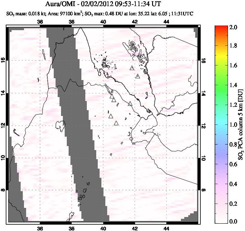 A sulfur dioxide image over Afar and southern Red Sea on Feb 02, 2012.