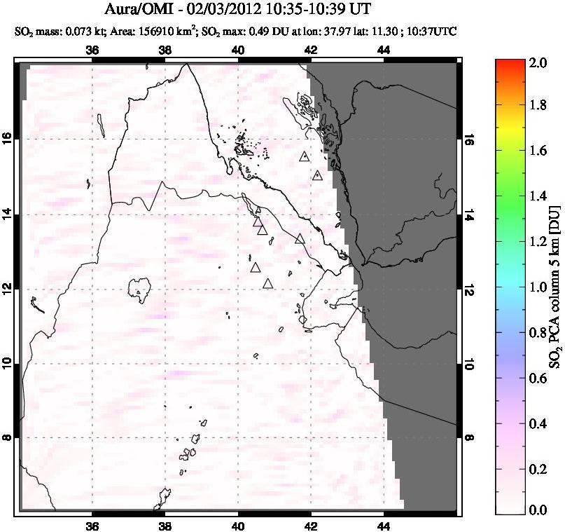 A sulfur dioxide image over Afar and southern Red Sea on Feb 03, 2012.
