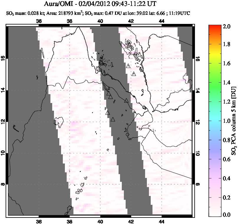 A sulfur dioxide image over Afar and southern Red Sea on Feb 04, 2012.