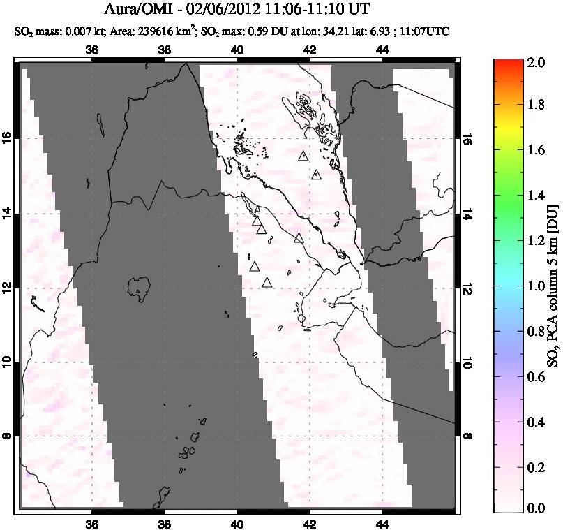 A sulfur dioxide image over Afar and southern Red Sea on Feb 06, 2012.