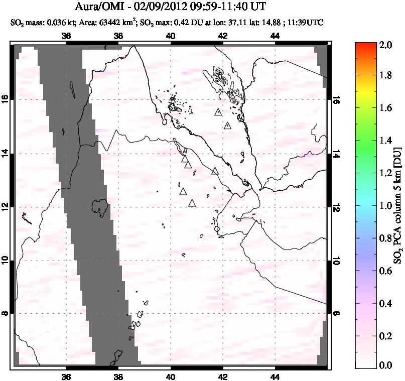 A sulfur dioxide image over Afar and southern Red Sea on Feb 09, 2012.