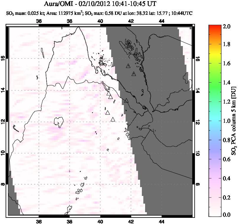 A sulfur dioxide image over Afar and southern Red Sea on Feb 10, 2012.
