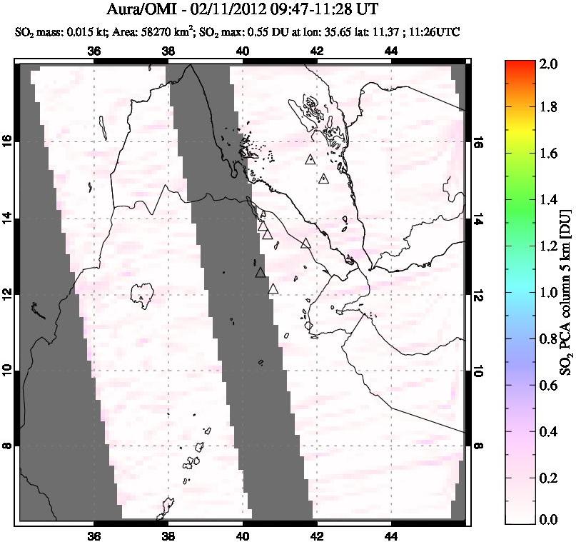 A sulfur dioxide image over Afar and southern Red Sea on Feb 11, 2012.