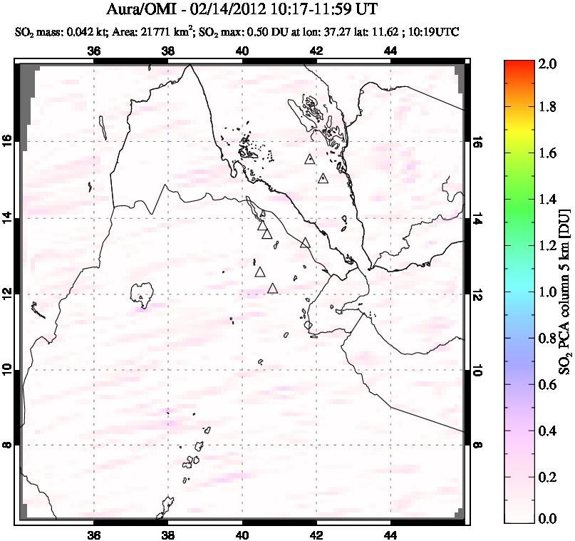 A sulfur dioxide image over Afar and southern Red Sea on Feb 14, 2012.