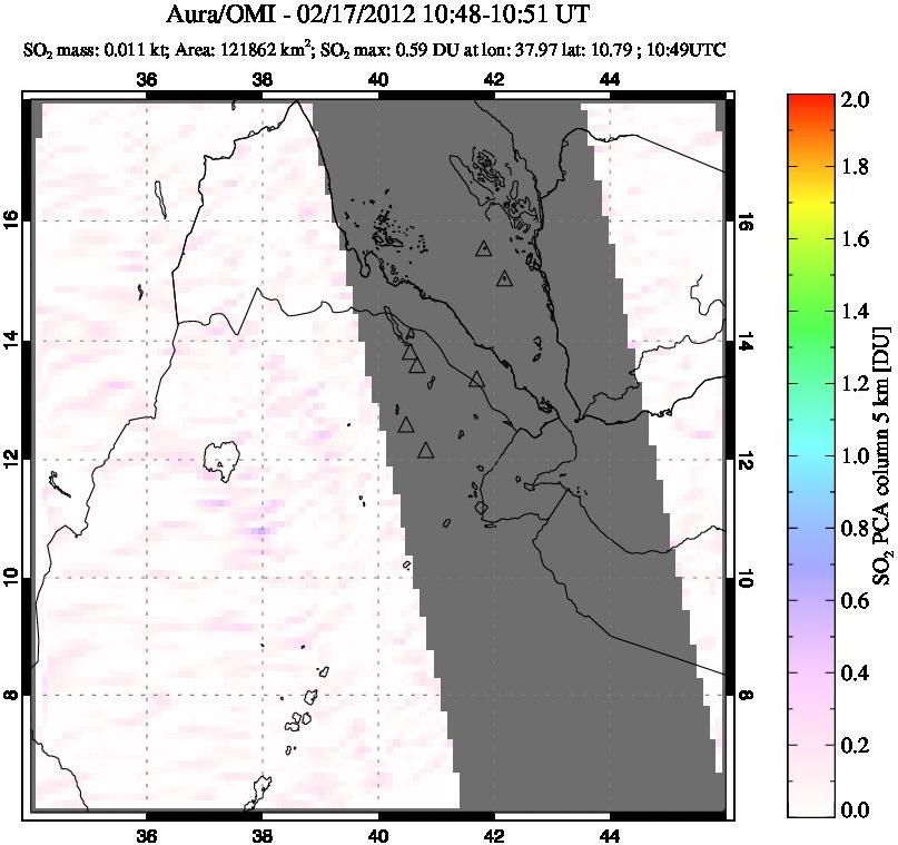 A sulfur dioxide image over Afar and southern Red Sea on Feb 17, 2012.