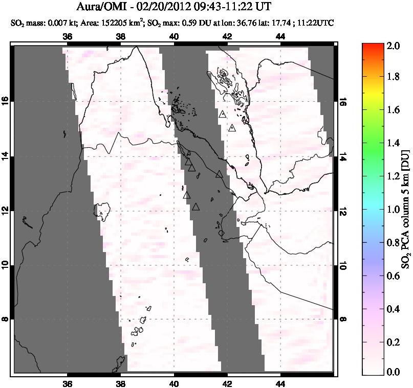A sulfur dioxide image over Afar and southern Red Sea on Feb 20, 2012.