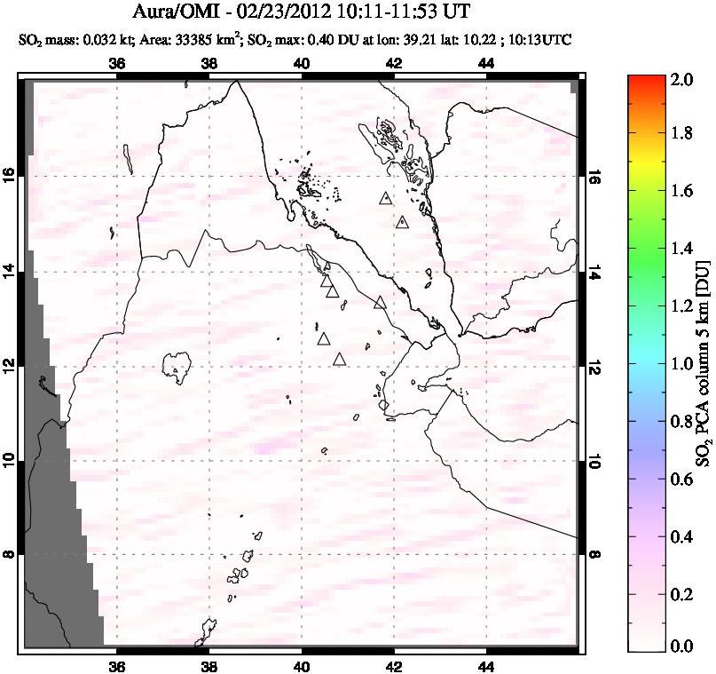 A sulfur dioxide image over Afar and southern Red Sea on Feb 23, 2012.