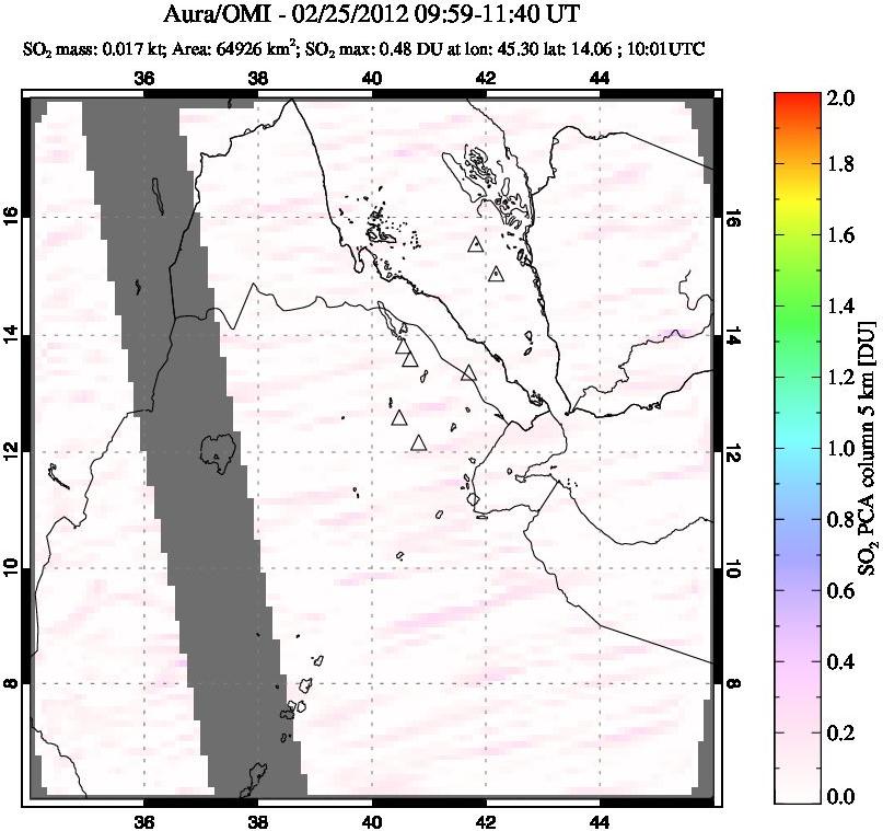 A sulfur dioxide image over Afar and southern Red Sea on Feb 25, 2012.