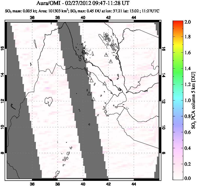 A sulfur dioxide image over Afar and southern Red Sea on Feb 27, 2012.