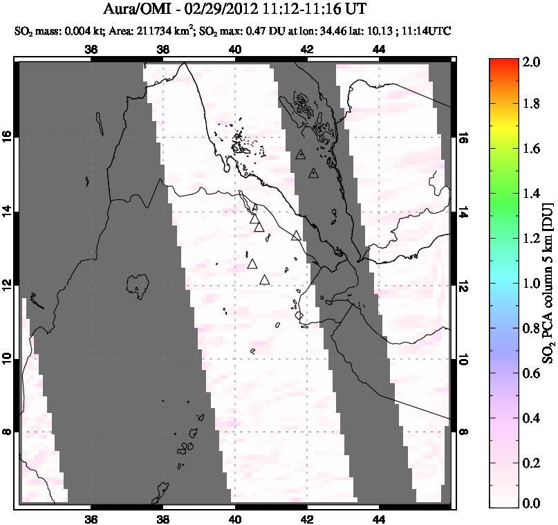 A sulfur dioxide image over Afar and southern Red Sea on Feb 29, 2012.