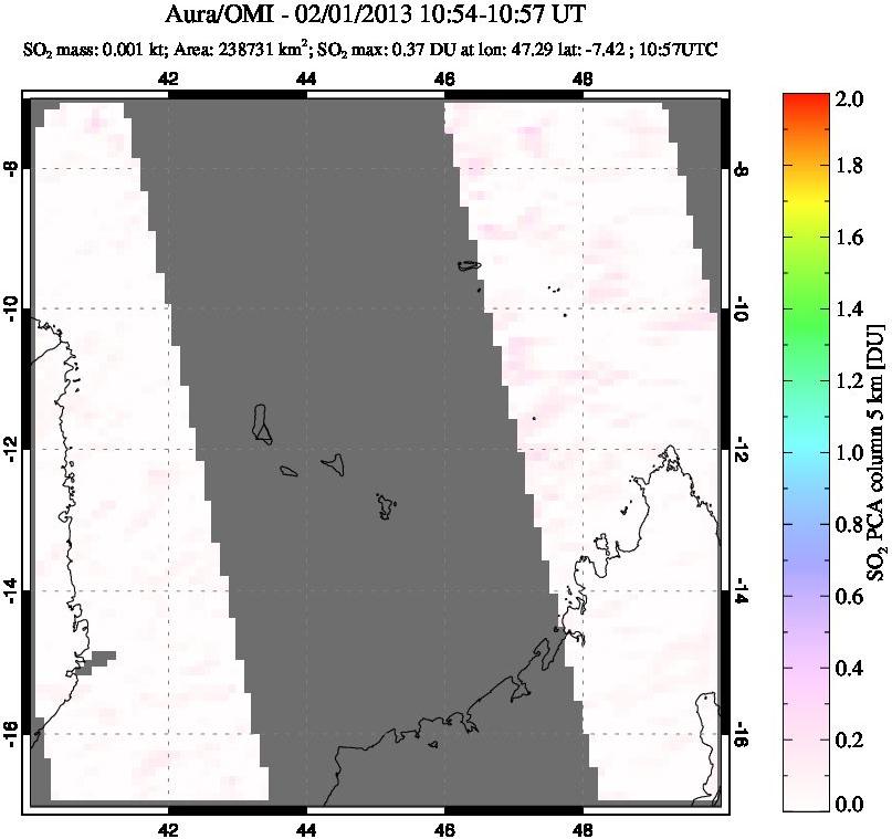 A sulfur dioxide image over Comoro Islands on Feb 01, 2013.