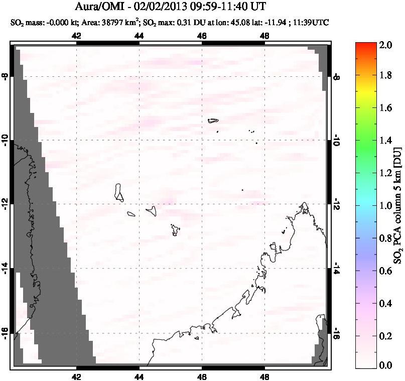 A sulfur dioxide image over Comoro Islands on Feb 02, 2013.