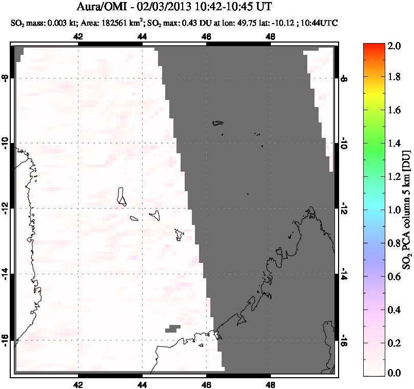 A sulfur dioxide image over Comoro Islands on Feb 03, 2013.