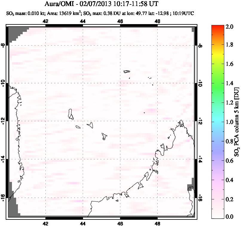 A sulfur dioxide image over Comoro Islands on Feb 07, 2013.