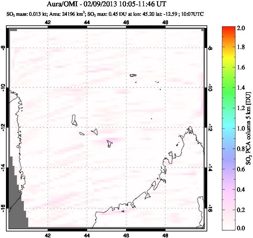 A sulfur dioxide image over Comoro Islands on Feb 09, 2013.