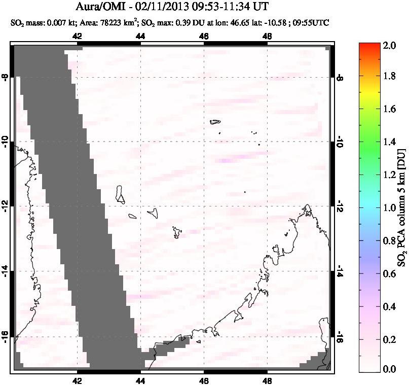 A sulfur dioxide image over Comoro Islands on Feb 11, 2013.