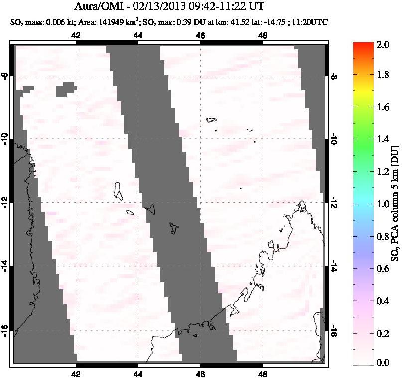 A sulfur dioxide image over Comoro Islands on Feb 13, 2013.
