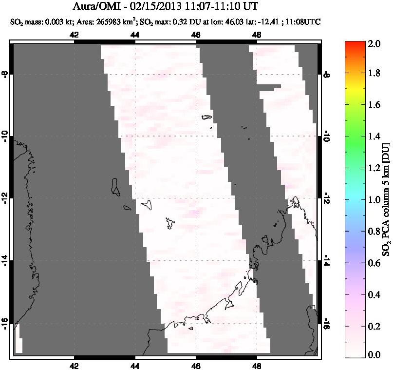 A sulfur dioxide image over Comoro Islands on Feb 15, 2013.