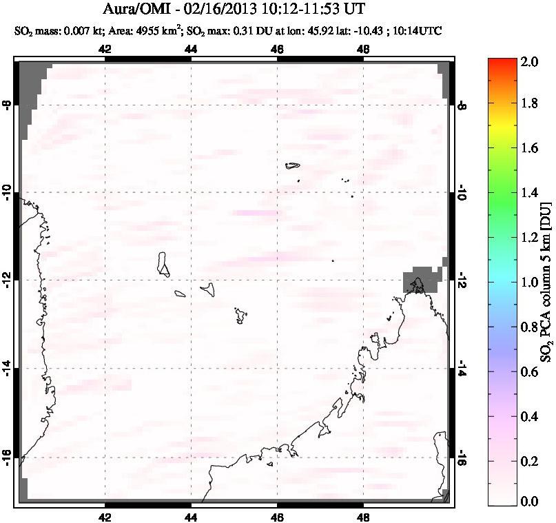 A sulfur dioxide image over Comoro Islands on Feb 16, 2013.