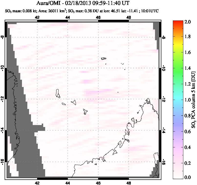 A sulfur dioxide image over Comoro Islands on Feb 18, 2013.