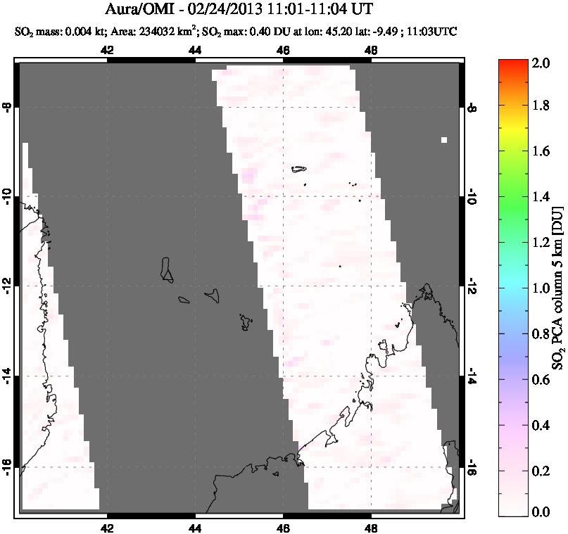 A sulfur dioxide image over Comoro Islands on Feb 24, 2013.