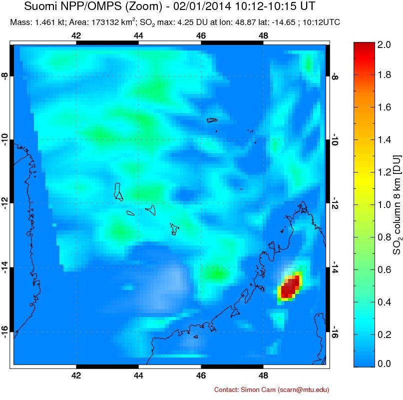 A sulfur dioxide image over Comoro Islands on Feb 01, 2014.