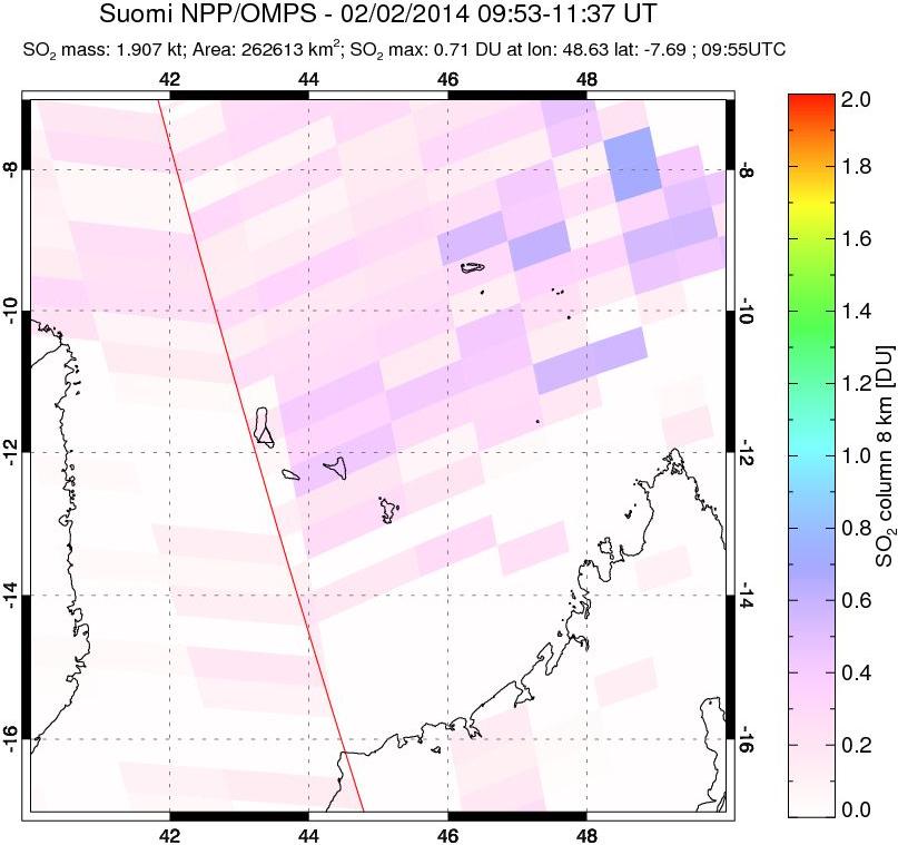 A sulfur dioxide image over Comoro Islands on Feb 02, 2014.
