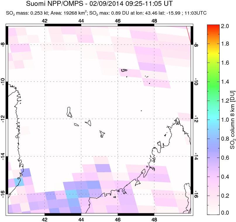 A sulfur dioxide image over Comoro Islands on Feb 09, 2014.