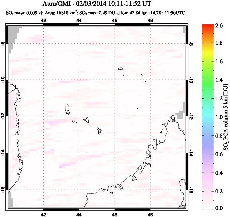 A sulfur dioxide image over Comoro Islands on Feb 03, 2014.