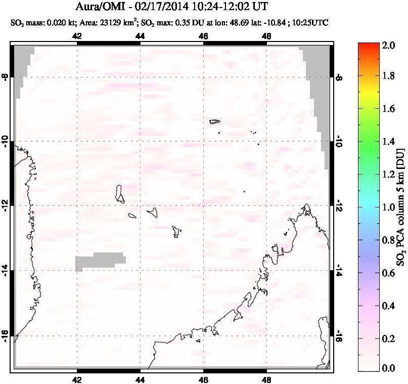 A sulfur dioxide image over Comoro Islands on Feb 17, 2014.