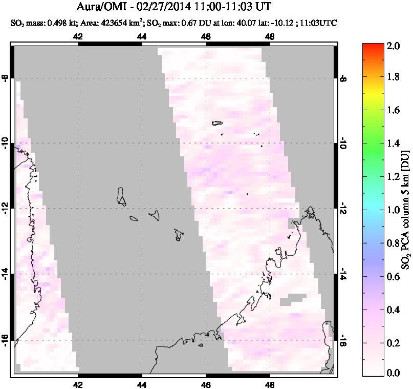 A sulfur dioxide image over Comoro Islands on Feb 27, 2014.