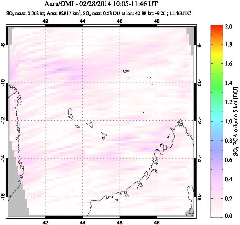 A sulfur dioxide image over Comoro Islands on Feb 28, 2014.