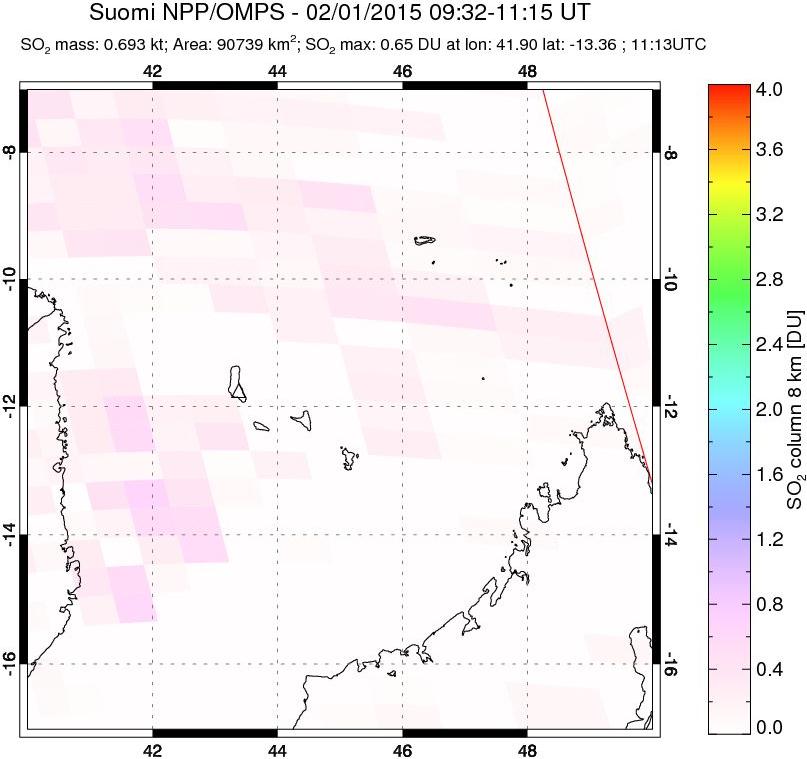 A sulfur dioxide image over Comoro Islands on Feb 01, 2015.