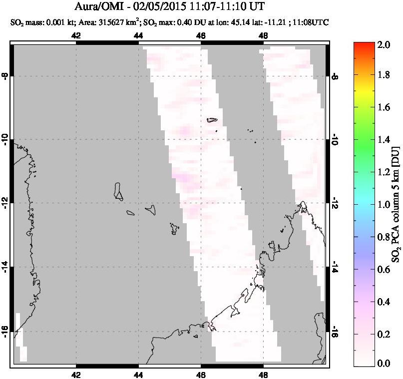 A sulfur dioxide image over Comoro Islands on Feb 05, 2015.